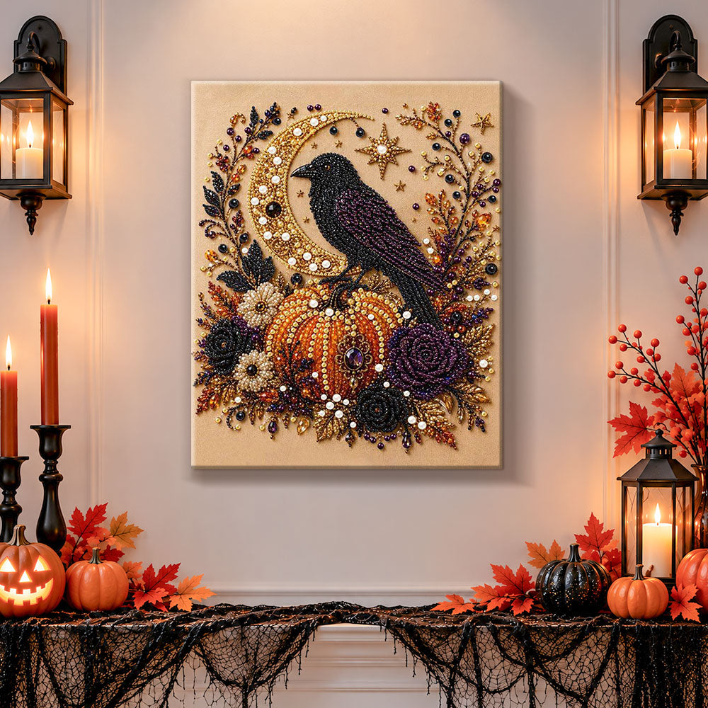 Finished raven on pumpkin with crescent moon pearl diamond painting artwork displayed as holiday home decor