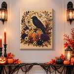 Finished raven on pumpkin with crescent moon pearl diamond painting artwork displayed as holiday home decor