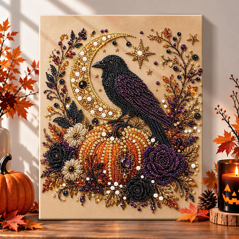 Raven on pumpkin with crescent moon pearl diamond painting kit for beginners