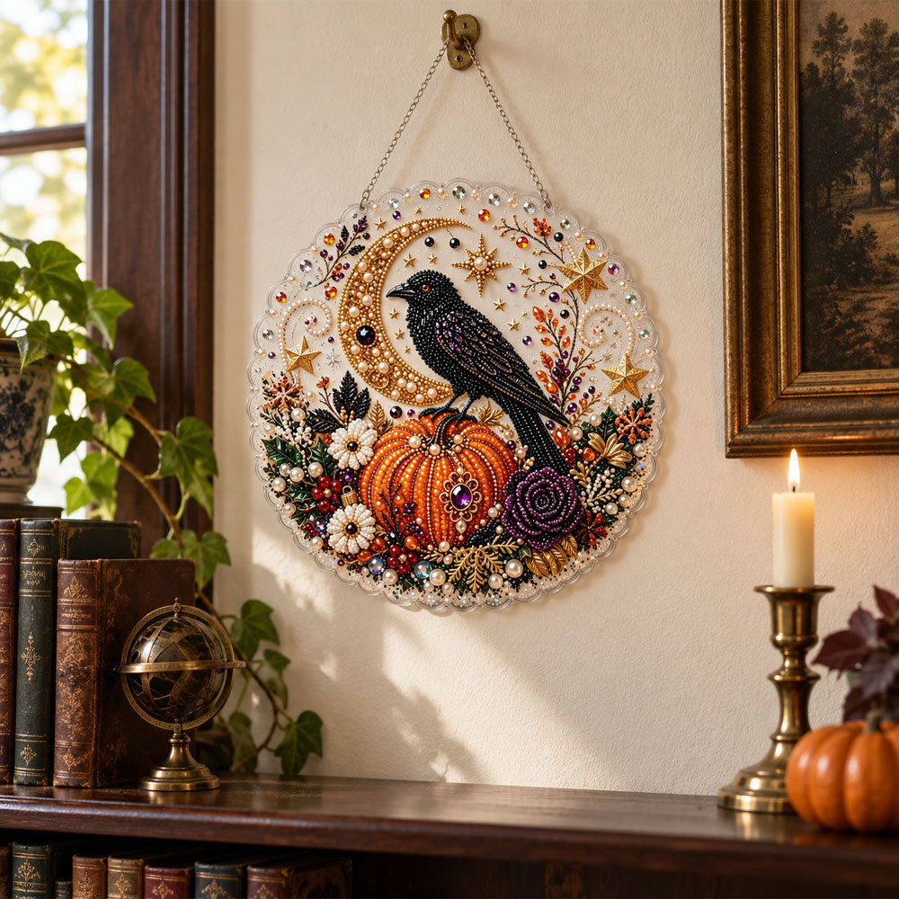Finished raven pumpkin moon fall wreath pearl diamond painting artwork displayed as holiday home decor