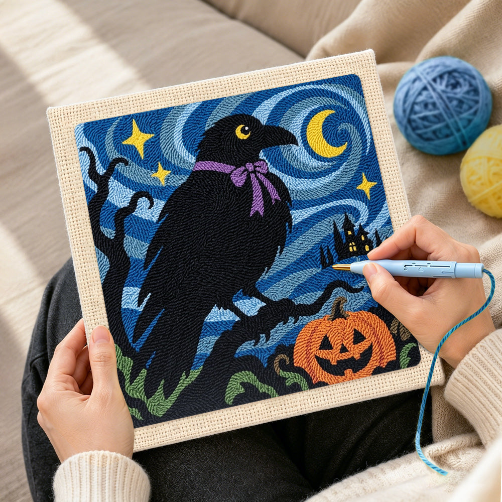 Creating handmade raven with halloween night punch needle artwork