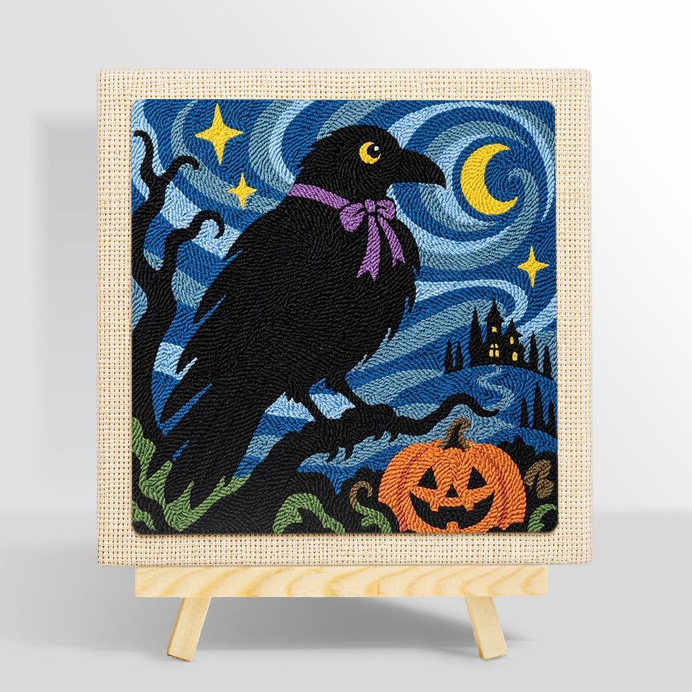 Raven with halloween night punch needle kit for beginners