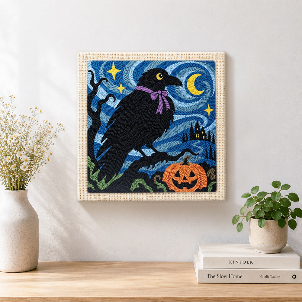 Finished raven with halloween night artwork displayed on a wall