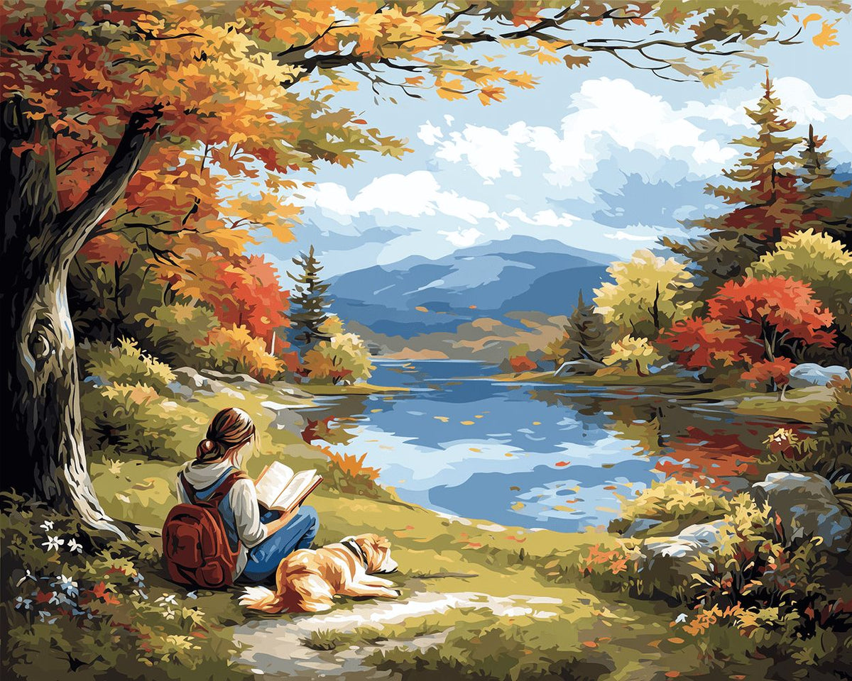 Reading beside autumn lake cross stitch kit for beginners