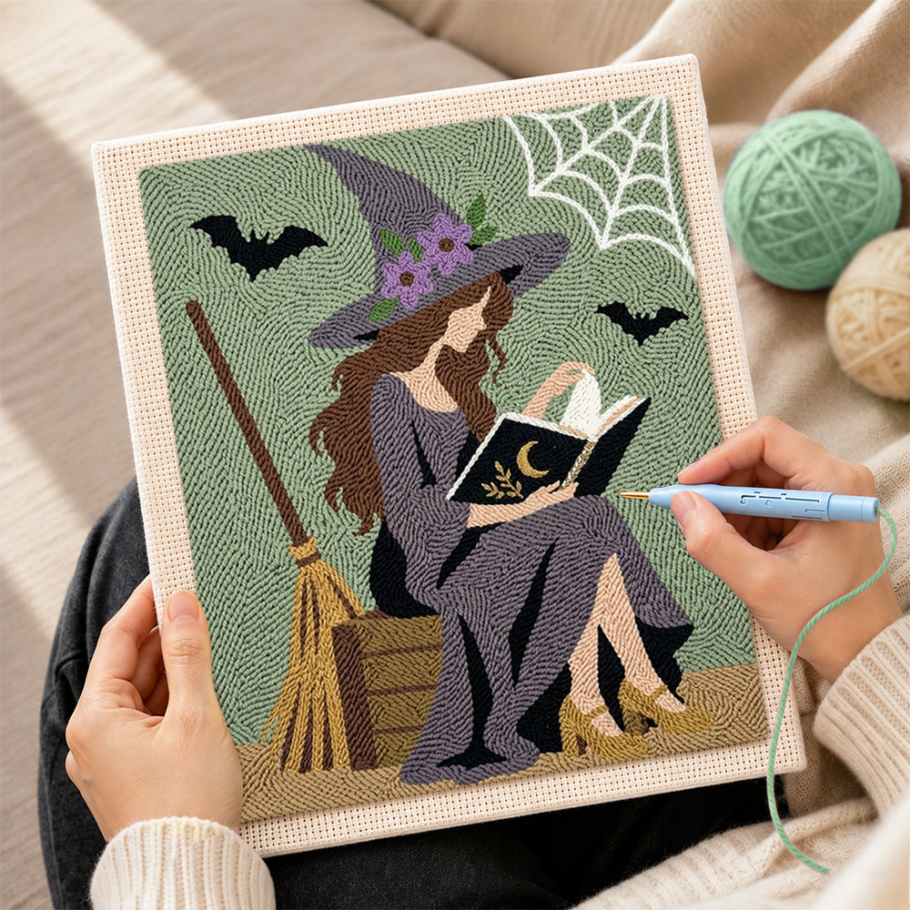 Creating handmade reading witch with spell book punch needle artwork