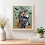Finished reading witch with spell book artwork displayed on a wall