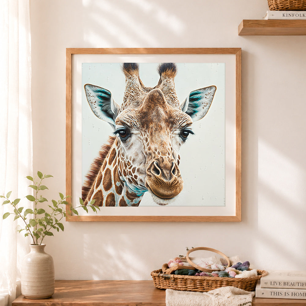 Finished realistic giraffe portrait cross stitch artwork displayed as home decor