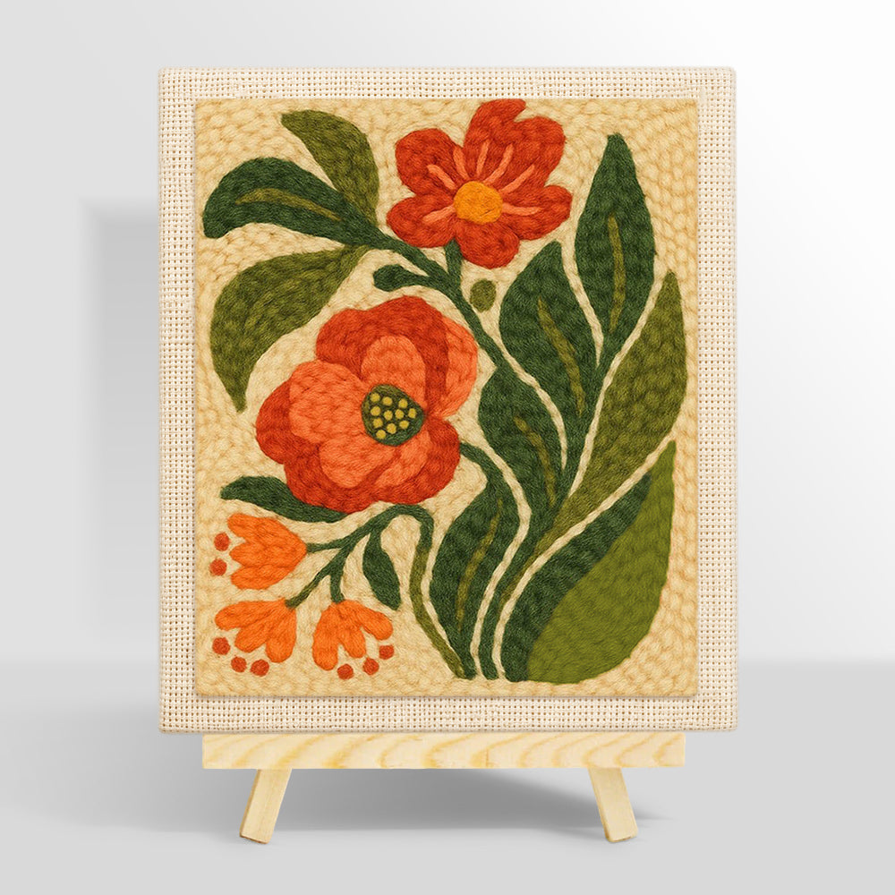 Red and orange floral with leaves punch needle kit for beginners