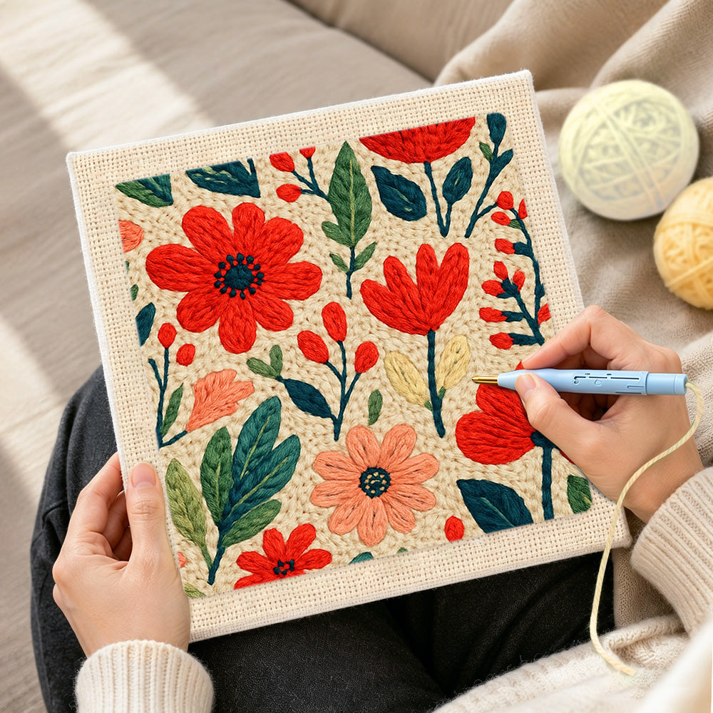 Creating handmade red and pink ditsy floral punch needle artwork