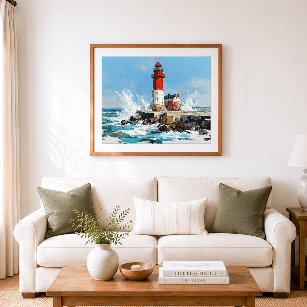 Finished red and white lighthouse against crashing waves cross stitch artwork displayed as home decor