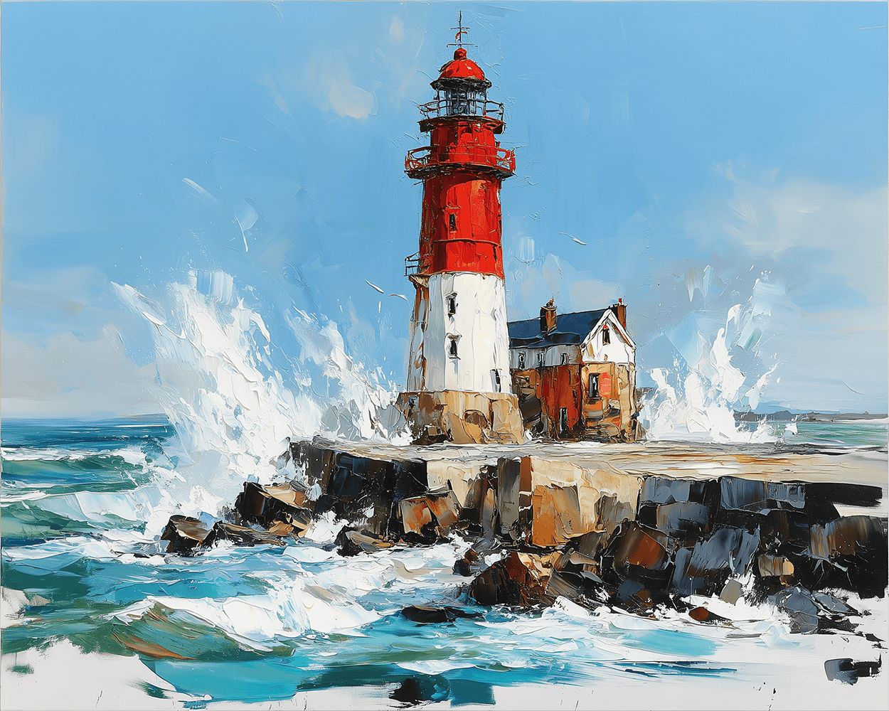 Red and white lighthouse against crashing waves cross stitch kit for beginners
