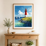 Finished red and white lighthouse with sailboats cross stitch artwork displayed as home decor