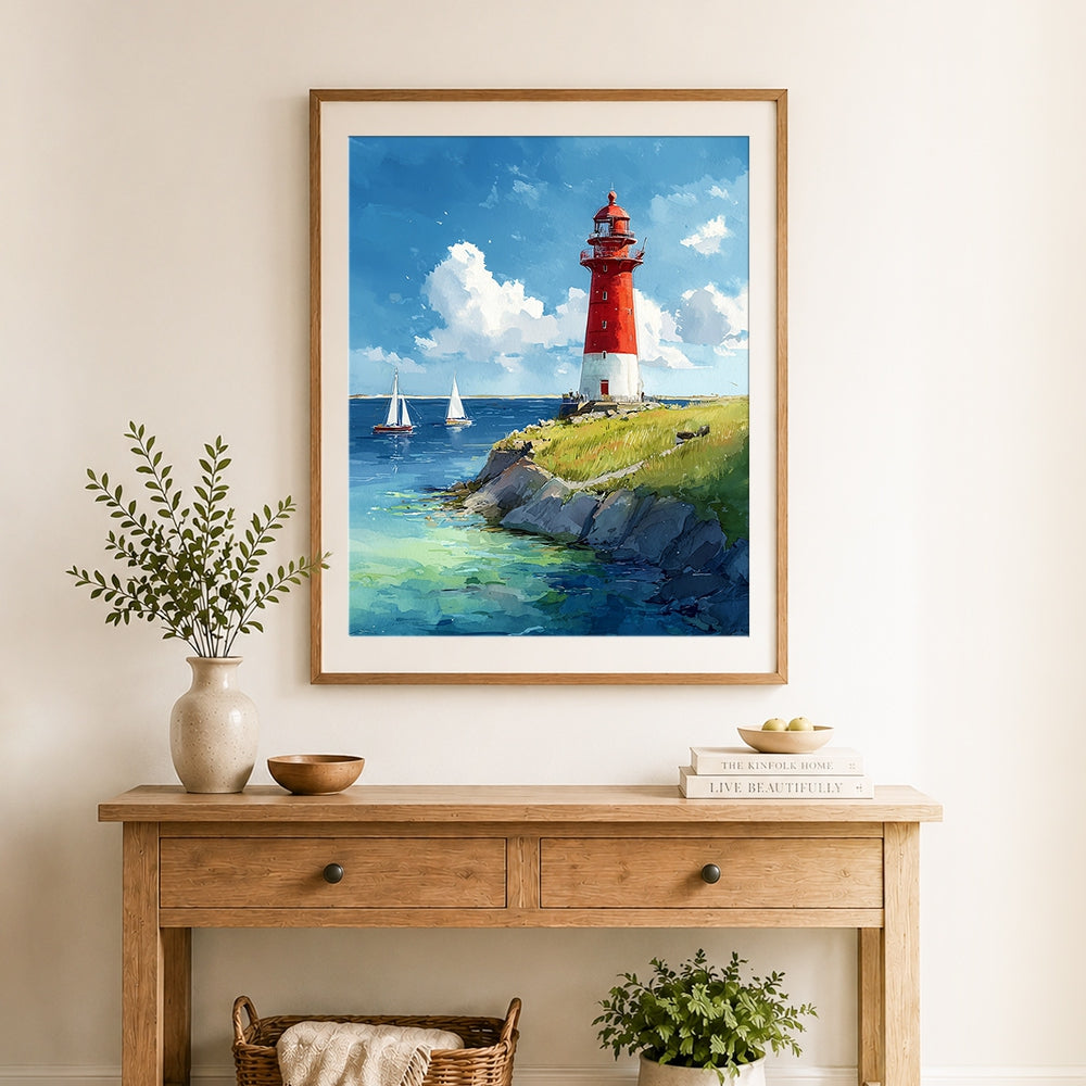 Finished red and white lighthouse with sailboats cross stitch artwork displayed as home decor