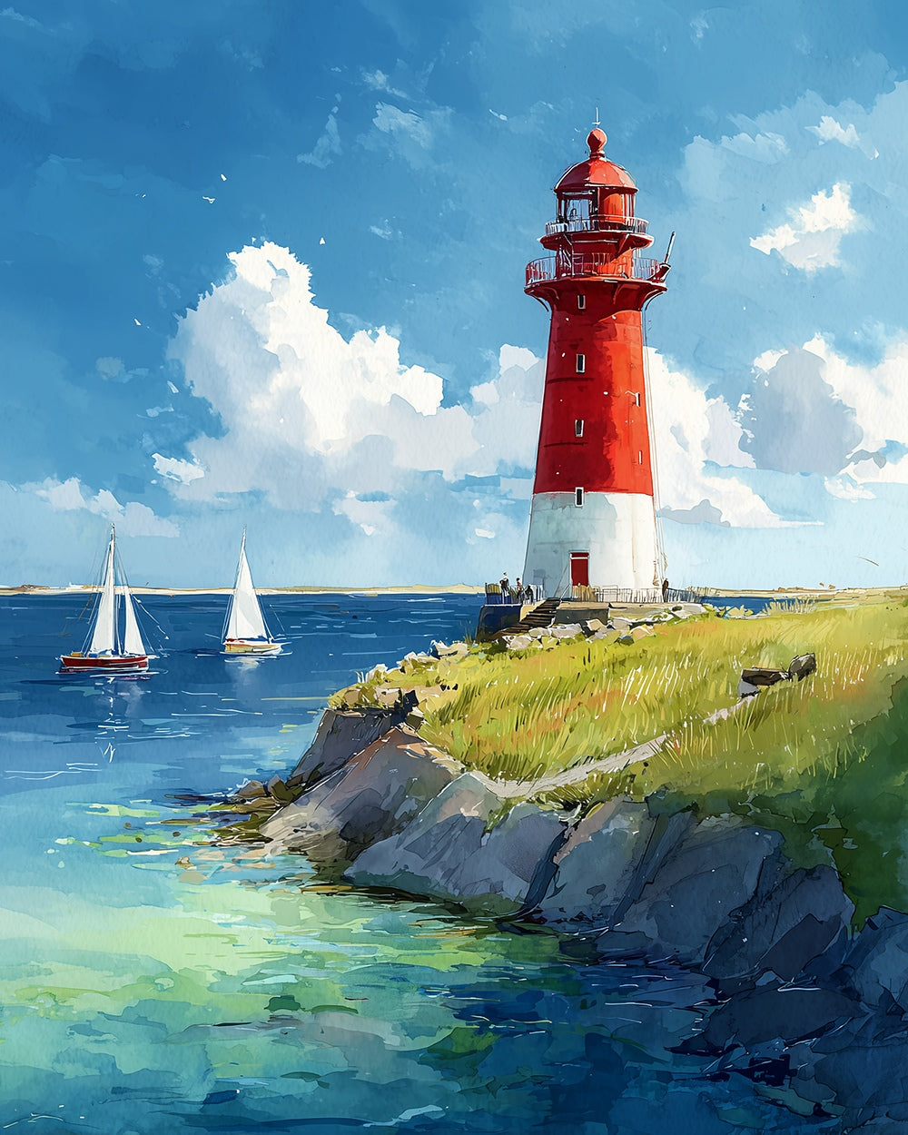 Red and white lighthouse with sailboats cross stitch kit for beginners
