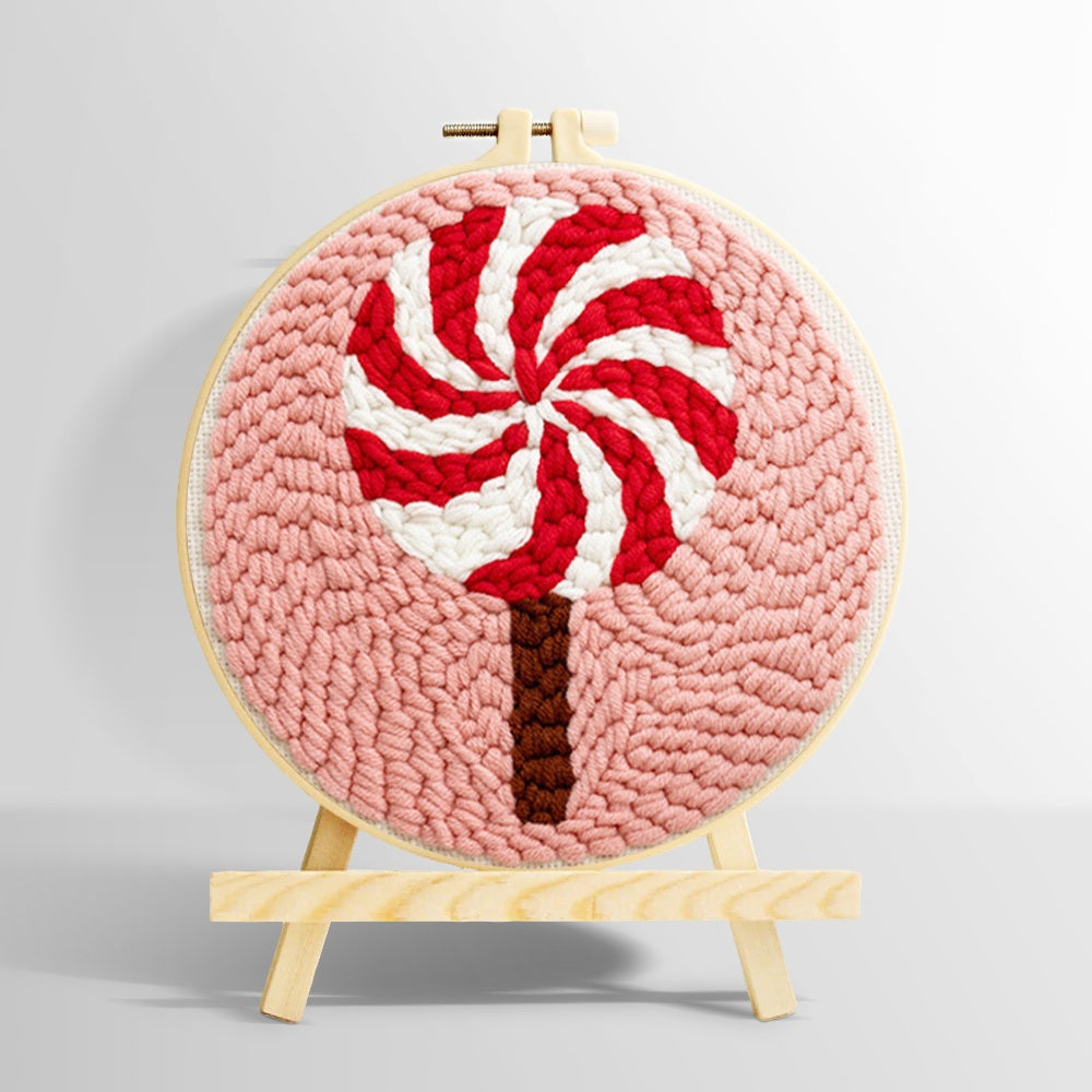 Red and white swirl lollipop punch needle kit for beginners