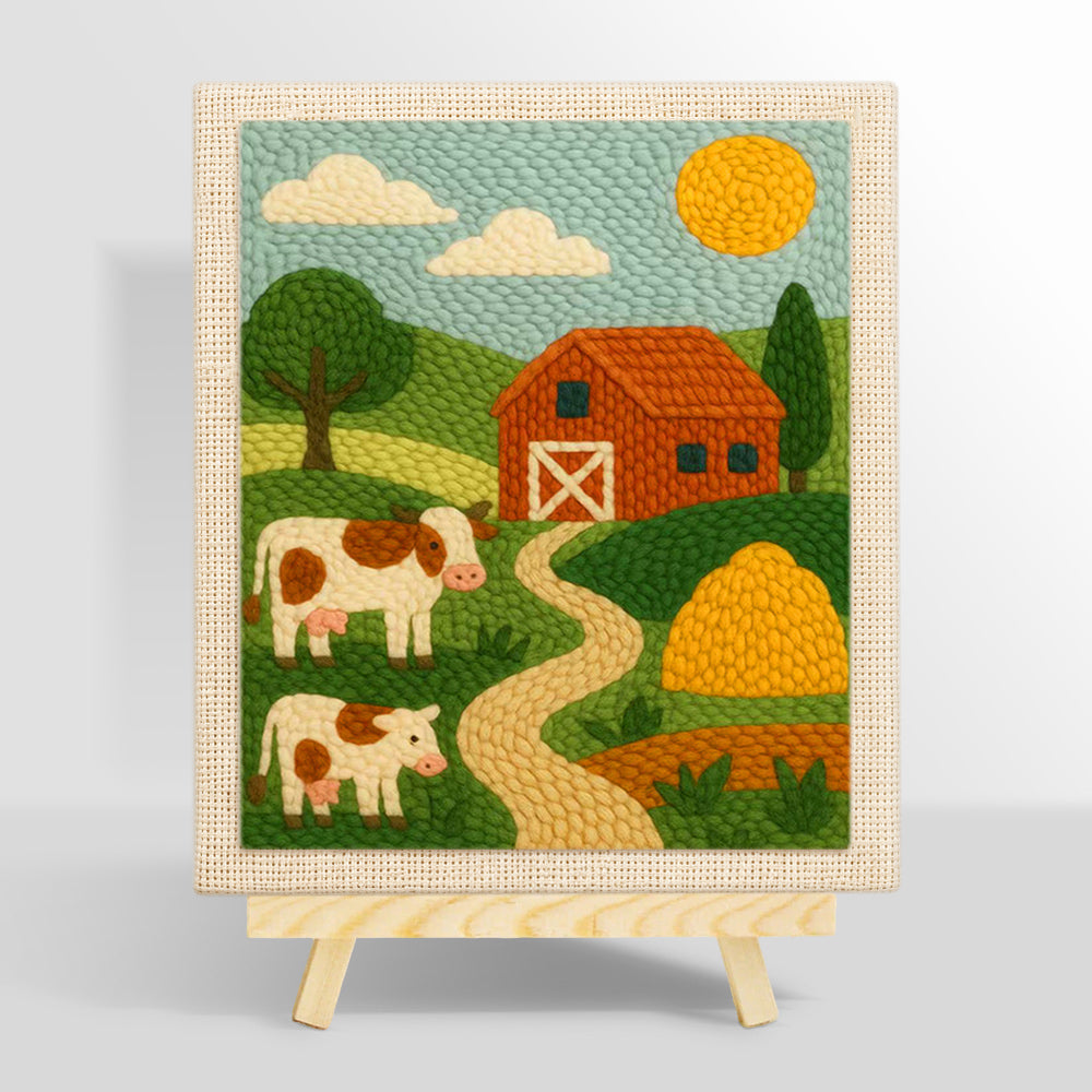Red barn and cows landscape punch needle kit for beginners