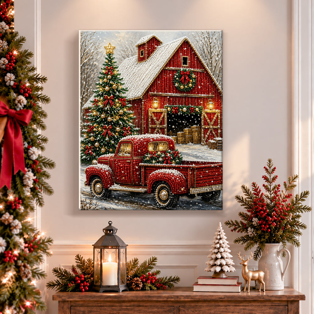 Finished red barn and vintage christmas truck pearl diamond painting artwork displayed as holiday home decor