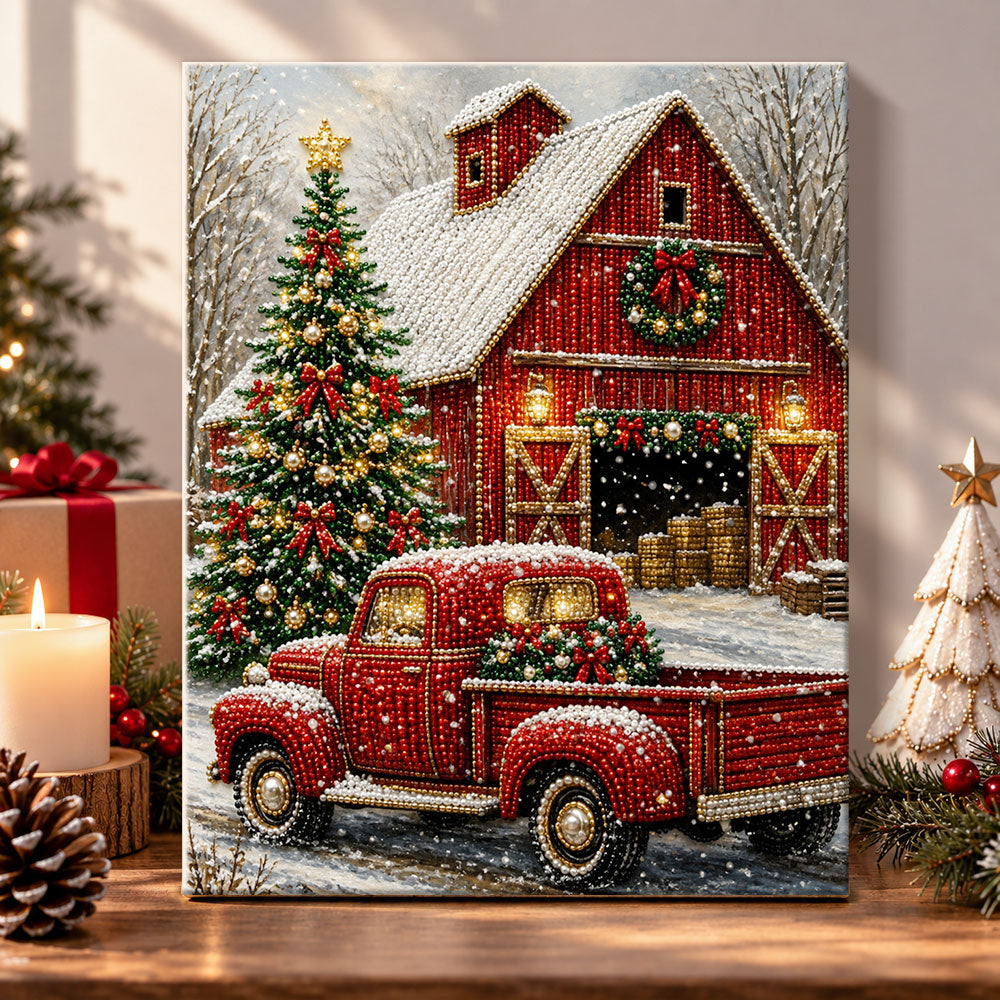 Red barn and vintage christmas truck pearl diamond painting kit for beginners