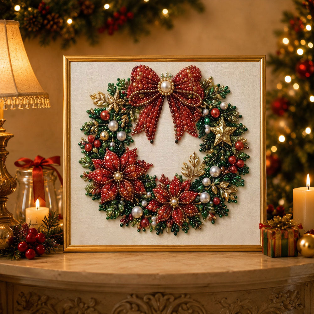 Finished red bow christmas wreath pearl diamond painting artwork displayed as holiday home decor