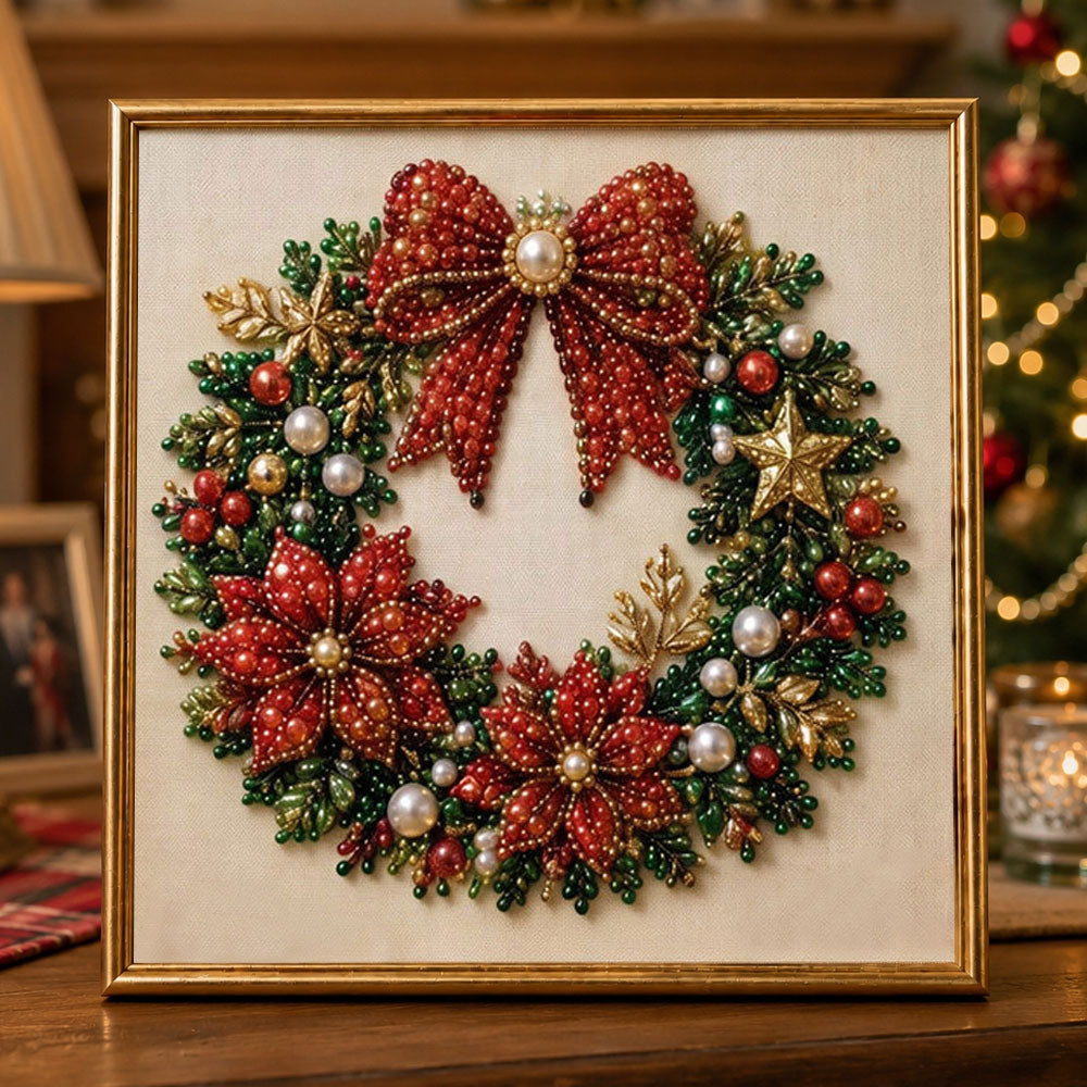 Red bow christmas wreath pearl diamond painting kit for beginners