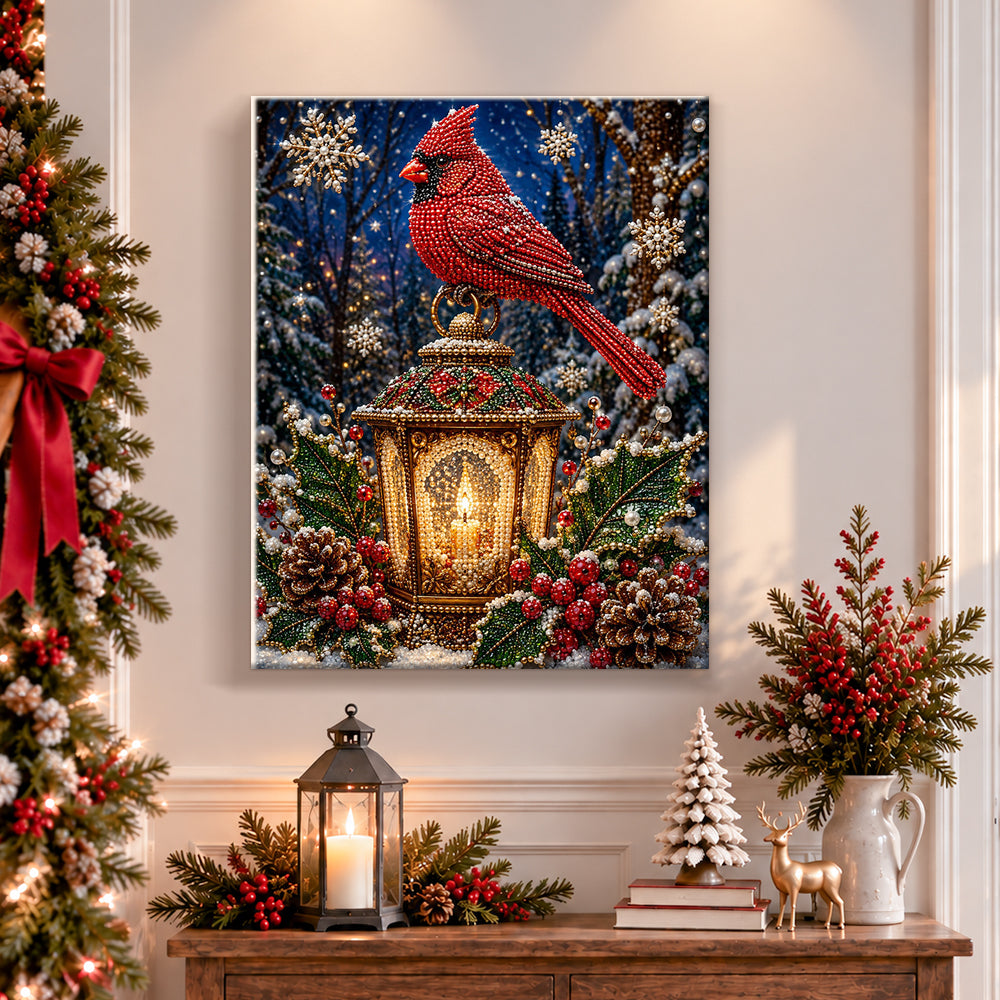 Finished red cardinal on festive lantern pearl diamond painting artwork displayed as holiday home decor
