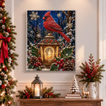 Finished red cardinal on festive lantern pearl diamond painting artwork displayed as holiday home decor