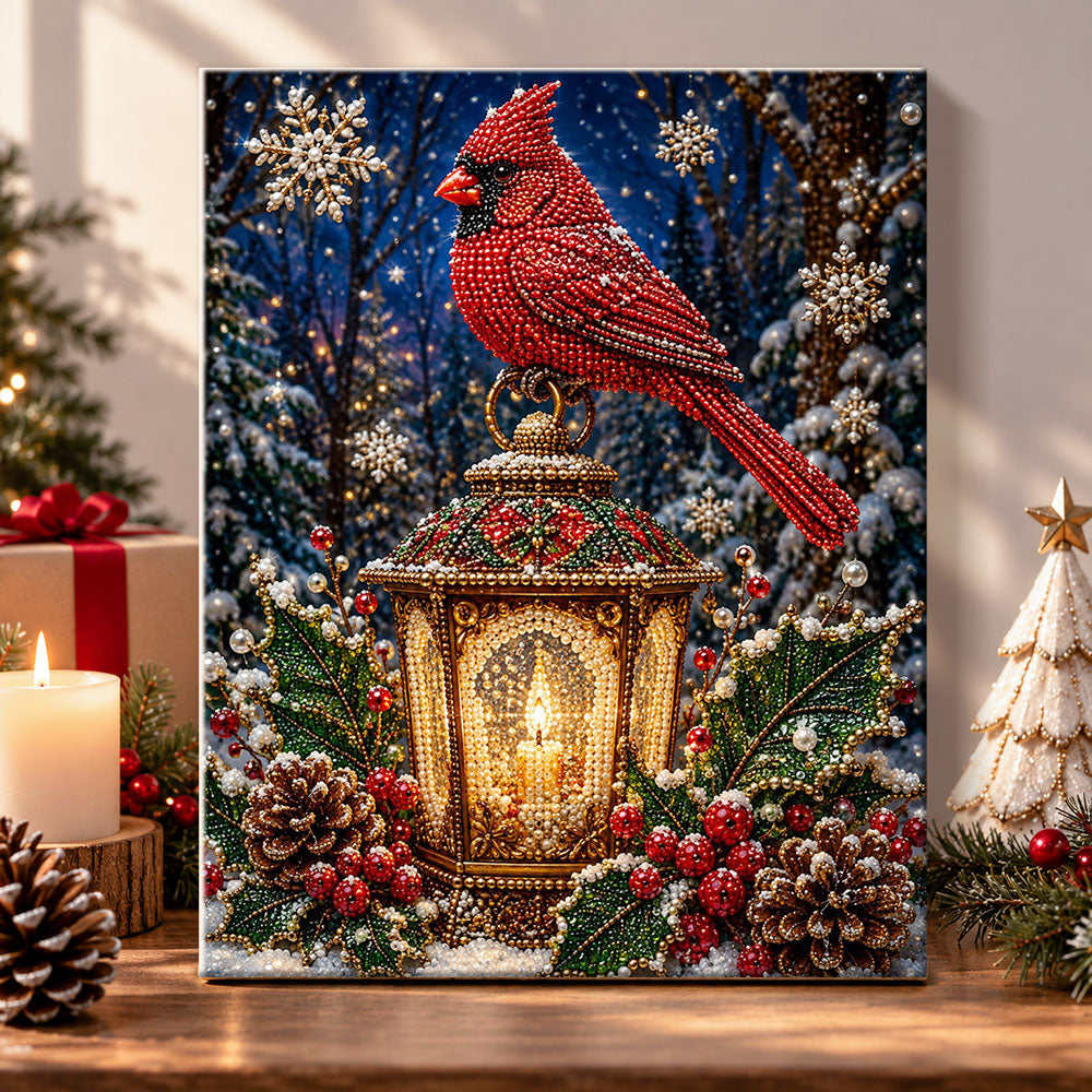 Red cardinal on festive lantern pearl diamond painting kit for beginners