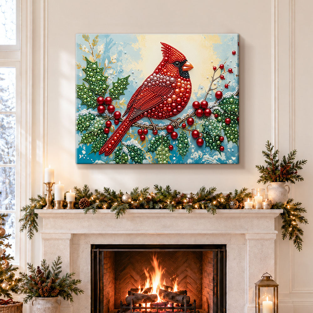 Finished red cardinal on holly branch pearl diamond painting artwork displayed as holiday home decor
