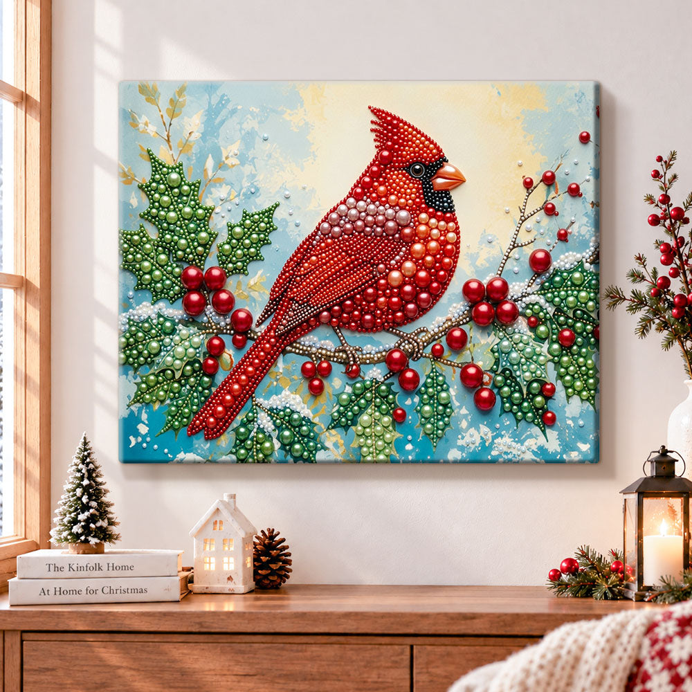 Red cardinal on holly branch pearl diamond painting kit for beginners