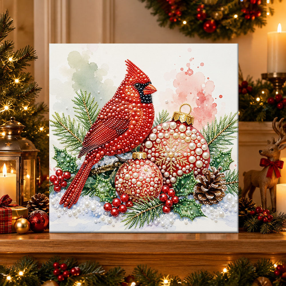 Finished red cardinal with christmas ornaments pearl diamond painting artwork displayed as holiday home decor