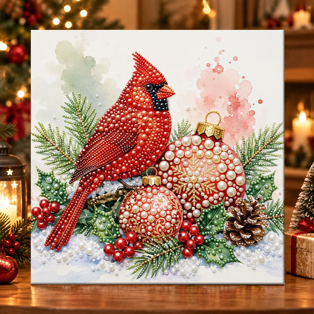 Red cardinal with christmas ornaments pearl diamond painting kit for beginners
