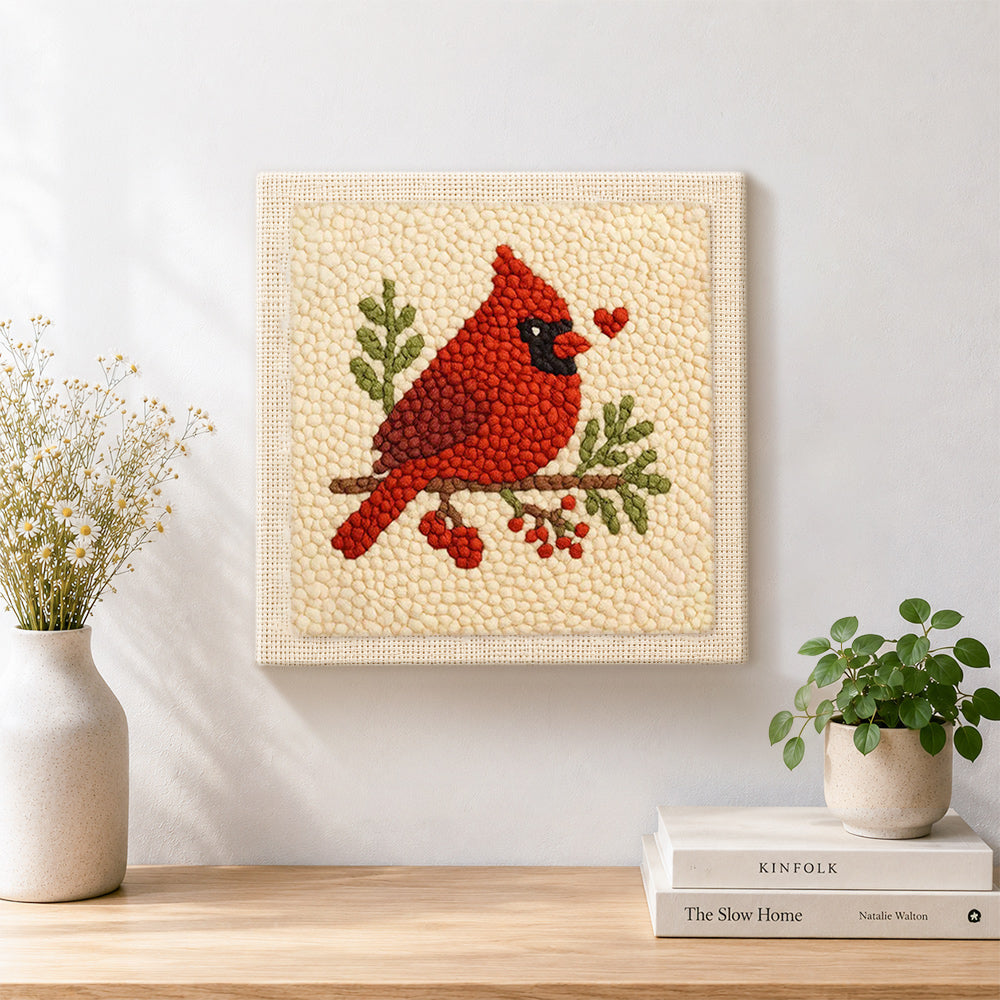 Finished red cardinal with heart artwork displayed on a wall