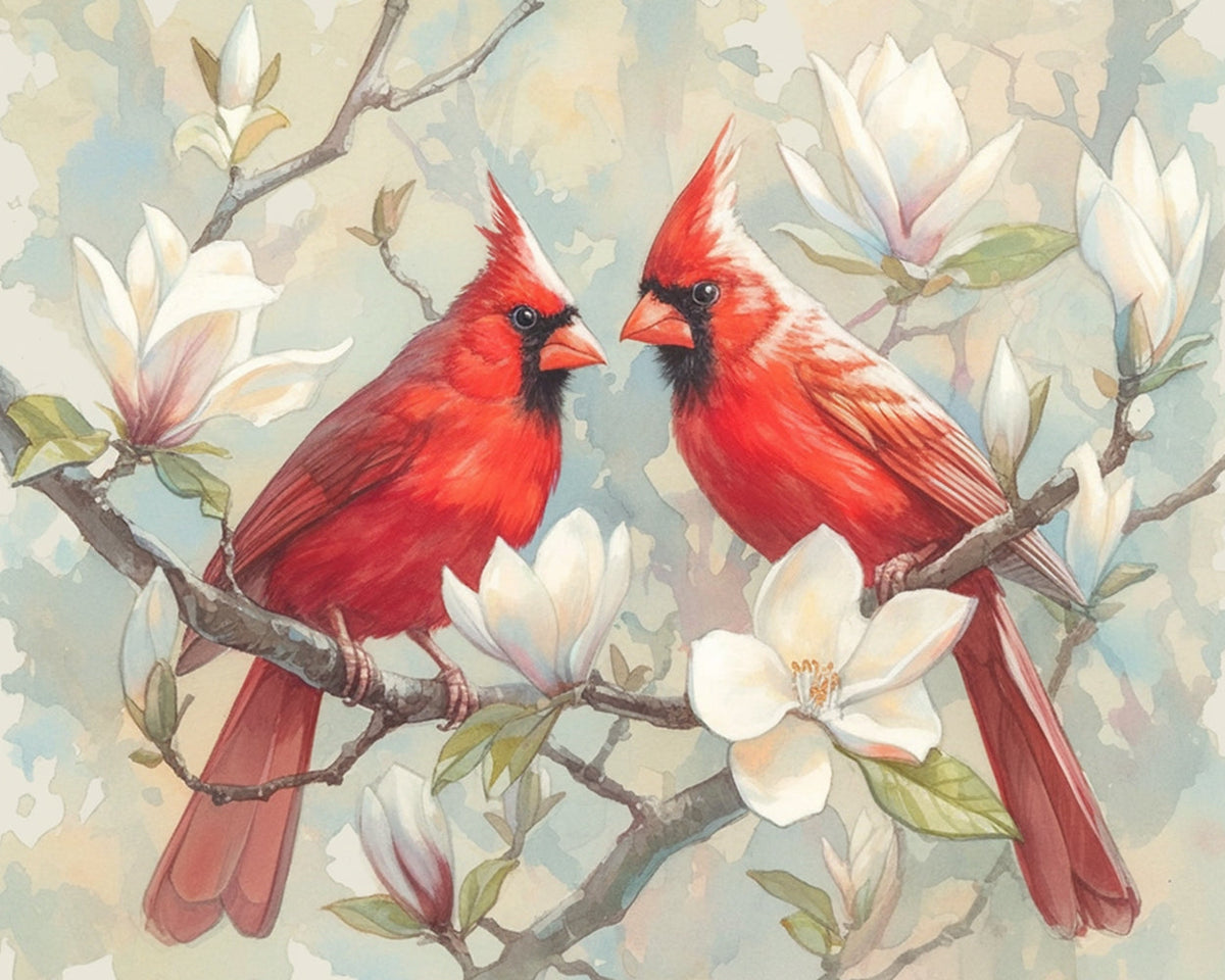 Red cardinals on magnolia branches cross stitch kit for beginners