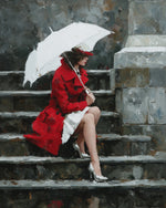 Red coat in rain cross stitch kit for beginners