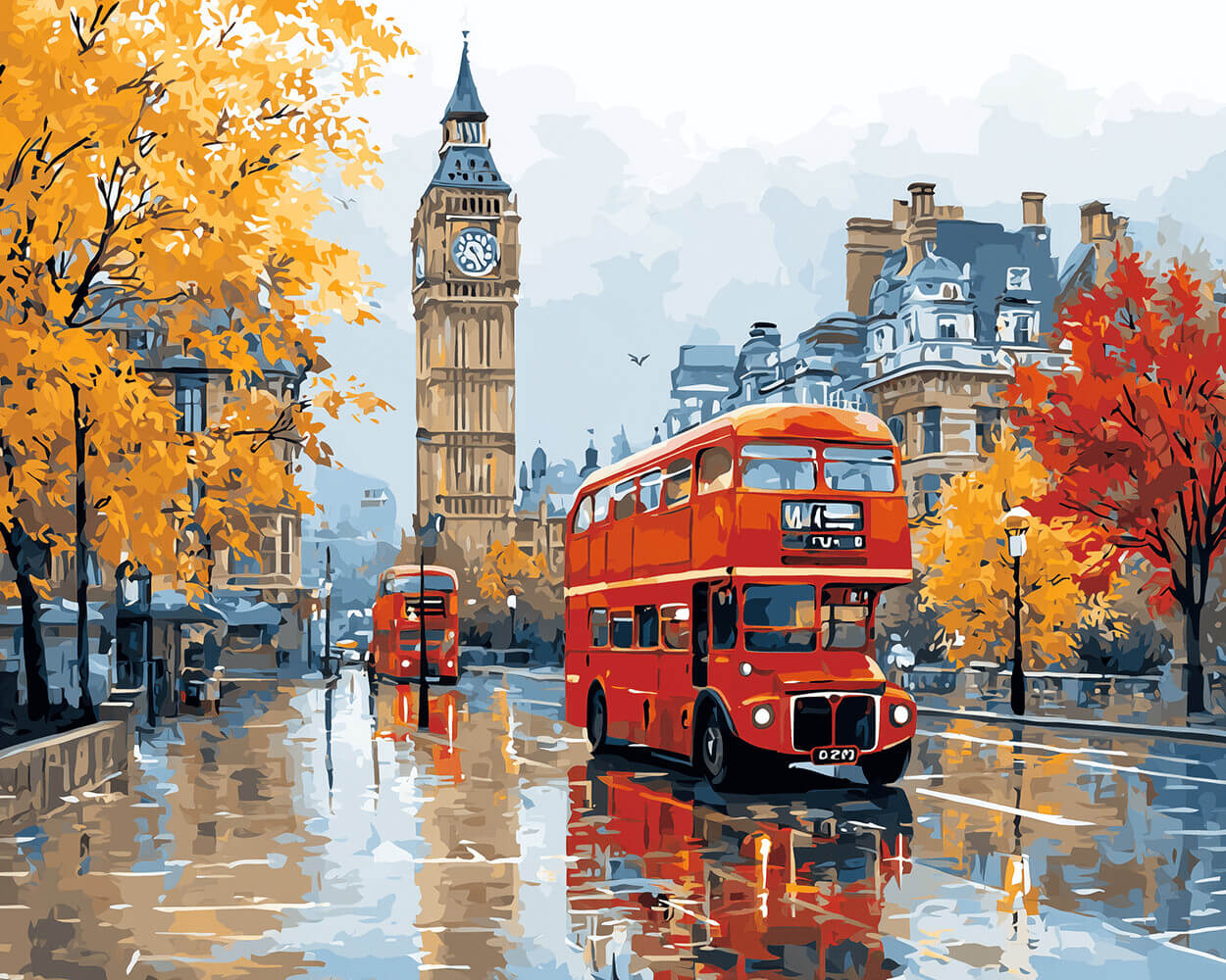 Red double decker bus in rainy london cross stitch kit for beginners