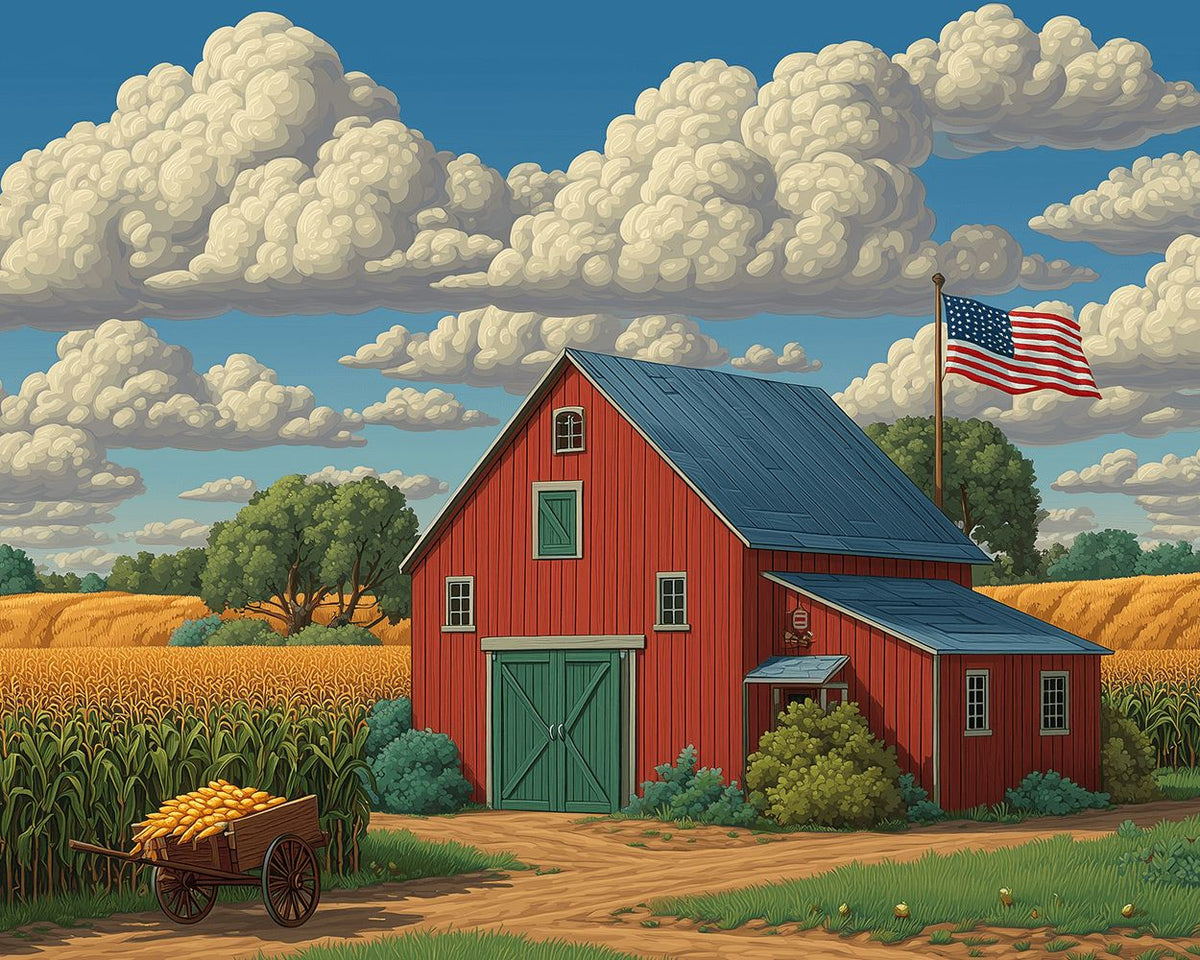 Red farmhouse in golden corn cross stitch kit for beginners