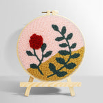 Red flower and green leaves punch needle kit for beginners