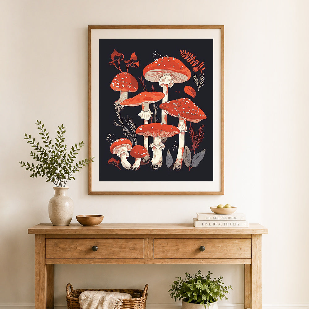 Finished red fly agaric mushrooms cross stitch artwork displayed as home decor