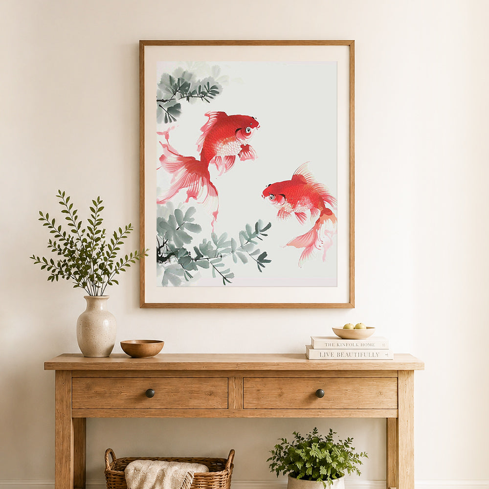 Finished red gold koi fish cross stitch artwork displayed as home decor