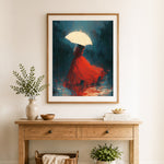 Finished red gown in rain cross stitch artwork displayed as home decor