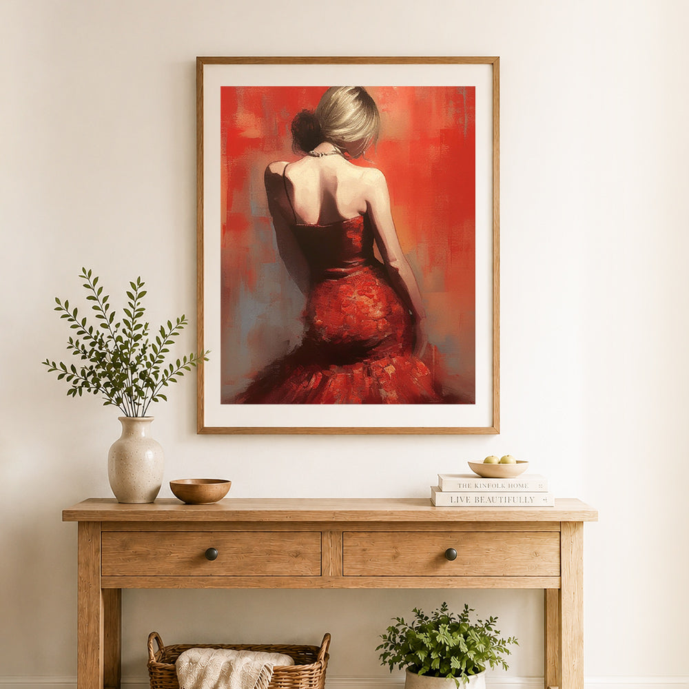 Finished red gown lady portrait cross stitch artwork displayed as home decor