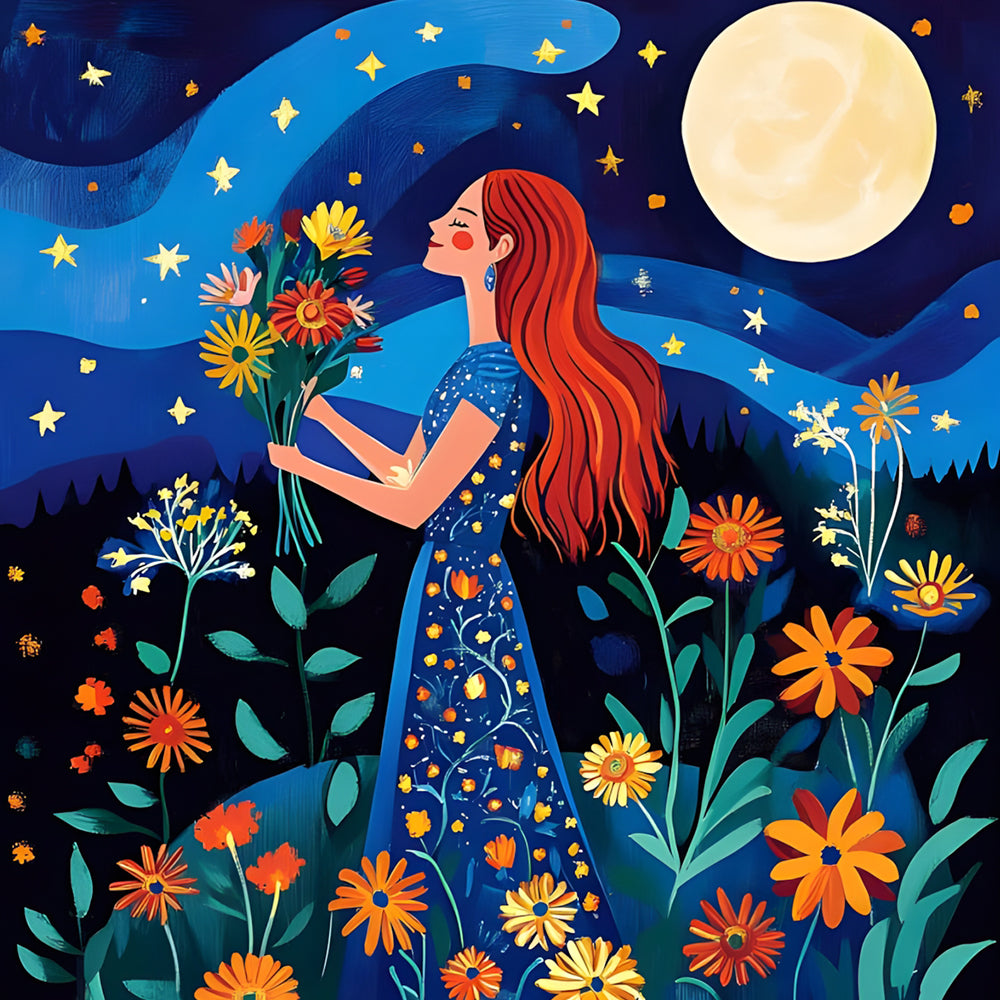 Red-haired woman holding flowers in moonlight cross stitch kit for beginners