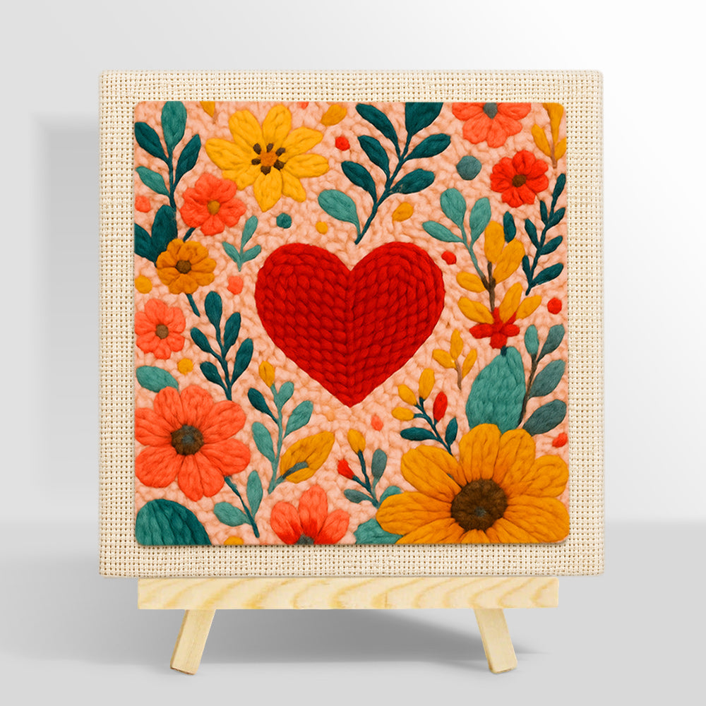 Red heart surrounded by colorful blooms punch needle kit for beginners