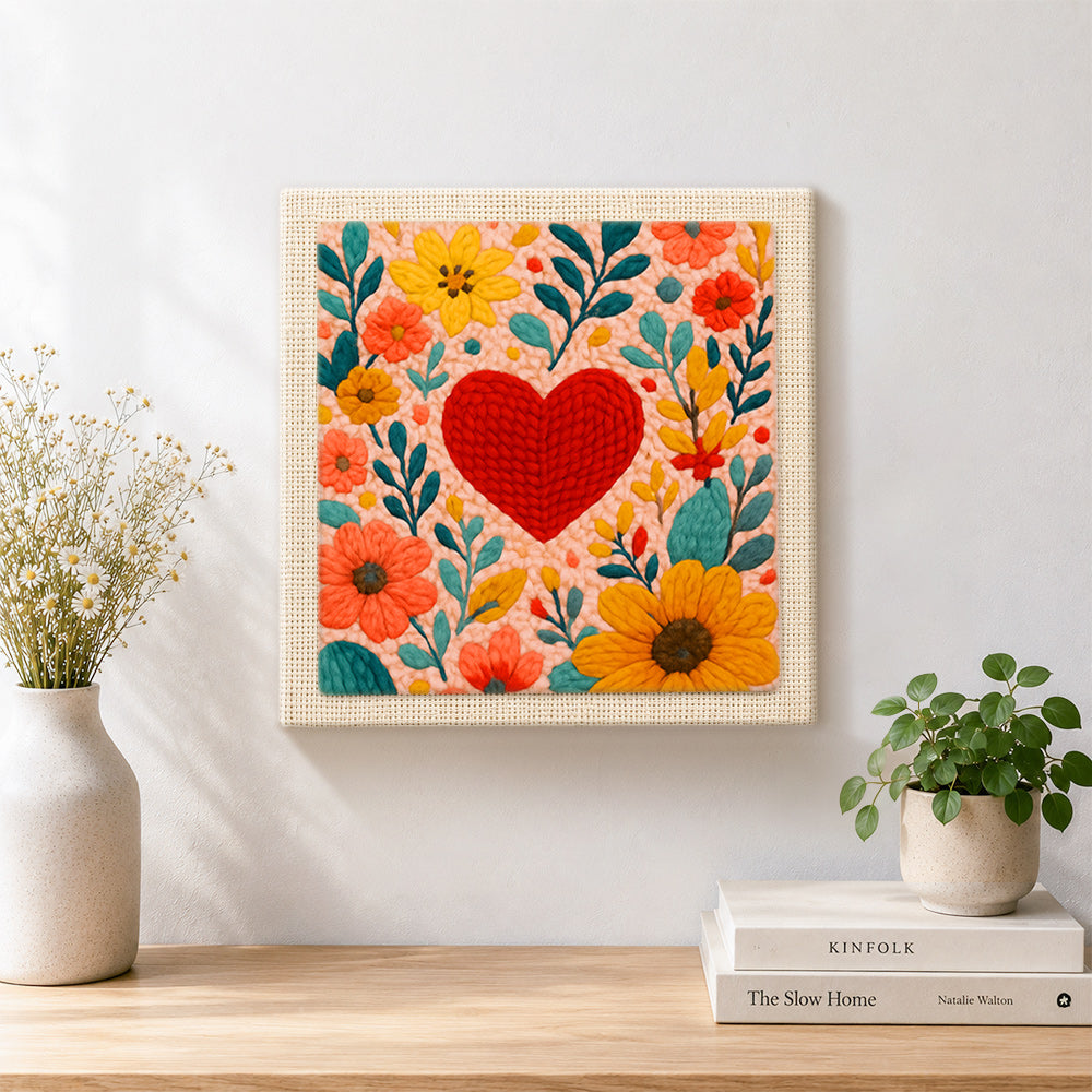 Finished red heart surrounded by colorful blooms artwork displayed on a wall
