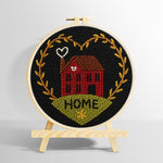 Red house with “home” heart wreath punch needle kit for beginners