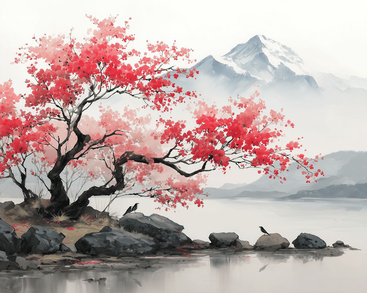 Red leaf tree and snowy mountain cross stitch kit for beginners