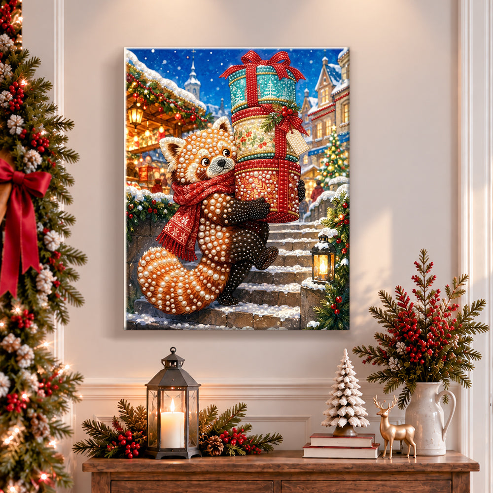 Finished red panda with stacked gifts pearl diamond painting artwork displayed as holiday home decor