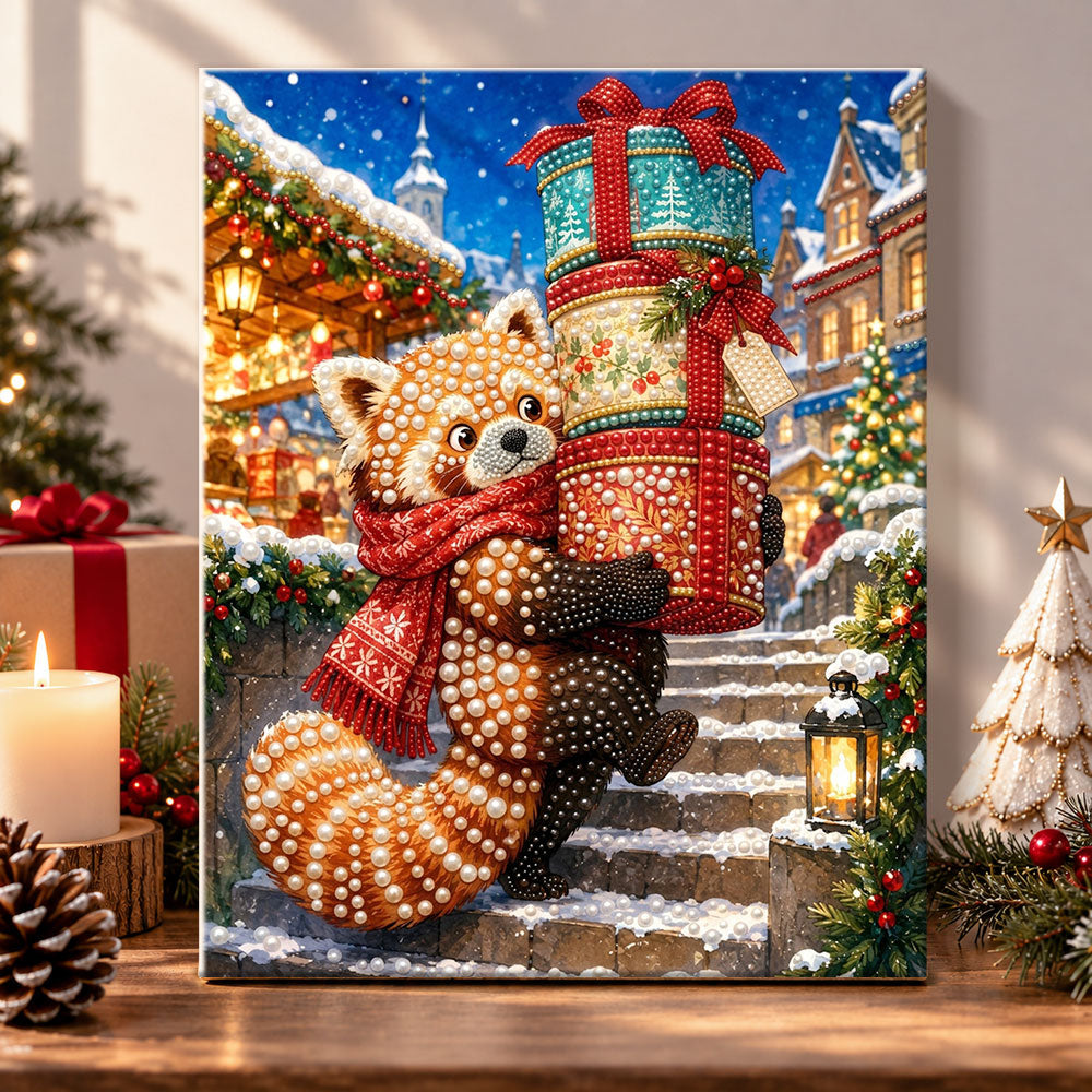Red panda with stacked gifts pearl diamond painting kit for beginners