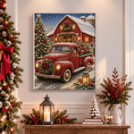 Finished red pick‑up truck at snowy barn pearl diamond painting artwork displayed as holiday home decor