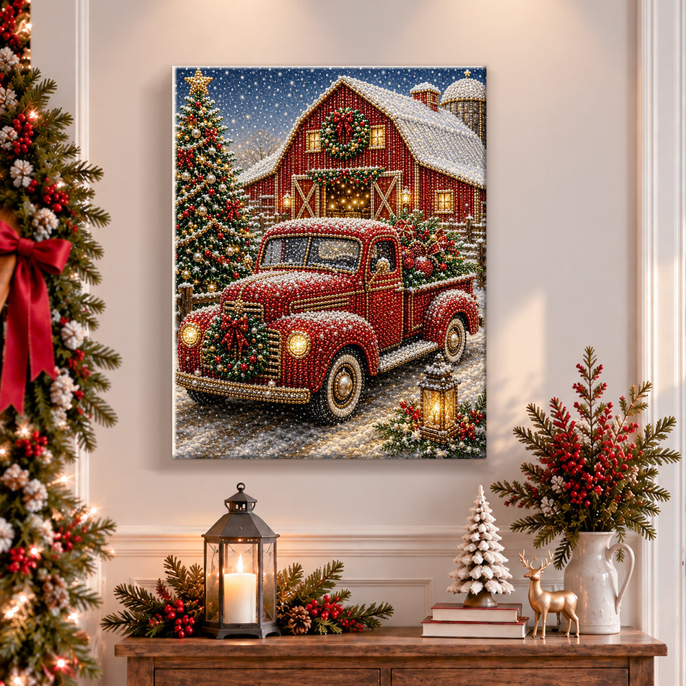 Finished red pick‑up truck at snowy barn pearl diamond painting artwork displayed as holiday home decor
